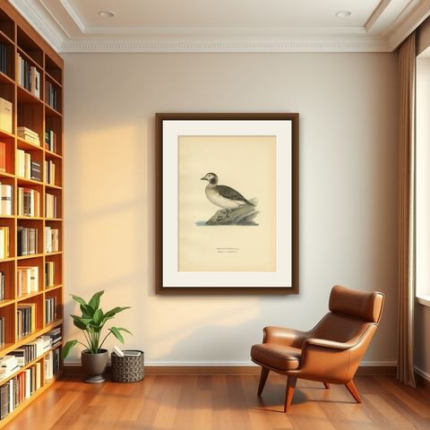 Antique Bird Print of a Female Long-Tailed Duck by Von Wright, '1929', shown framed in a room