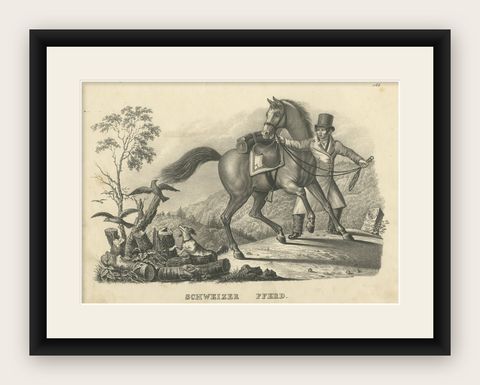 Antique Print of a Swiss Horse, shown framed
