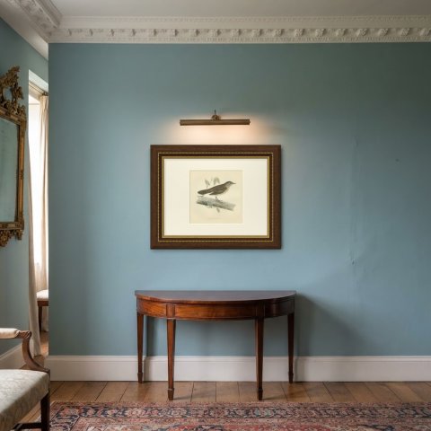 Savi's Warbler on a Fallen Log, Hand Colored Morris Bird Print, 1896, shown framed in a room