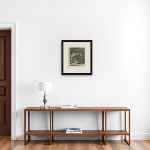 Original Antique Print of an angry Lion, shown framed on a wall