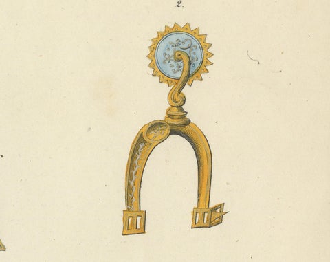Hand-Coloured Lithograph of Ornate Medieval Horse Saddles and Stirrups, 1842, close-up 2