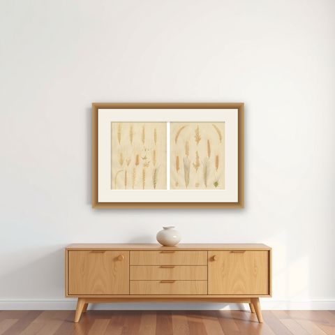 Antique Grain Studies, Wheat Varieties Botanical Lithographs, Calwer 1852, shown framed on a wall