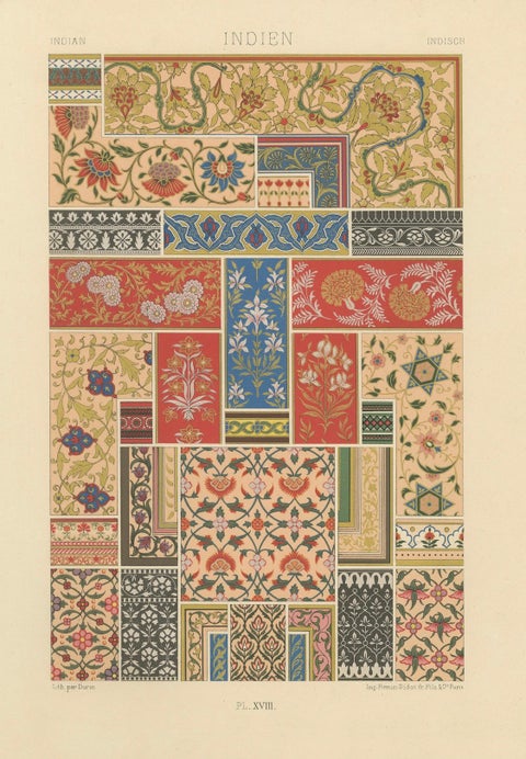 Indian Floral Motifs, Antique Print of Decorative Patterns from India, c.1869, close-up 5