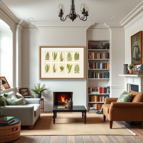 Exotic Victorian Fern Lithograph Collection with English Species Names, 1856, shown framed in a room
