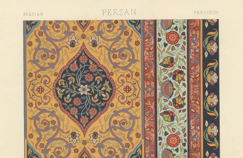 Persian Carpet Border Print, Antique Lithograph of Floral Rug Ornament, c.1869, close-up 4