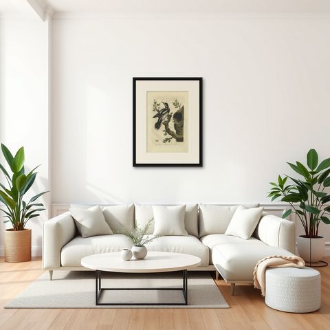 Antique Bird Print of the Great Spotted Woodpecker by Sepp & Nozeman, 1770, shown framed in a room