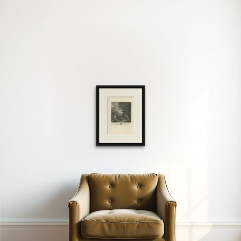 Antique Print of a River Landscape with a Fox and Birds by Le Brun (1792), shown framed on a wall