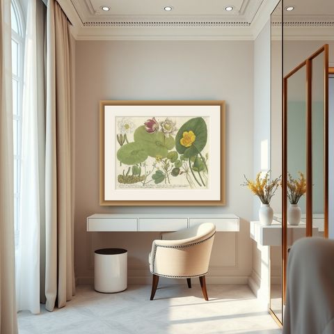 Aquatic Elegance: Water Lilies and Pond Plants in 18th Century Engraving, 1748, shown framed in a room