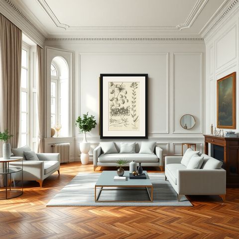 Antique Engraving of the Caper Bush and Other Plants, 1773, shown framed in a room