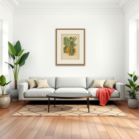 Antique Papaya Botanical Chromolithograph by Hoola van Nooten, c. 1880, shown framed in a room