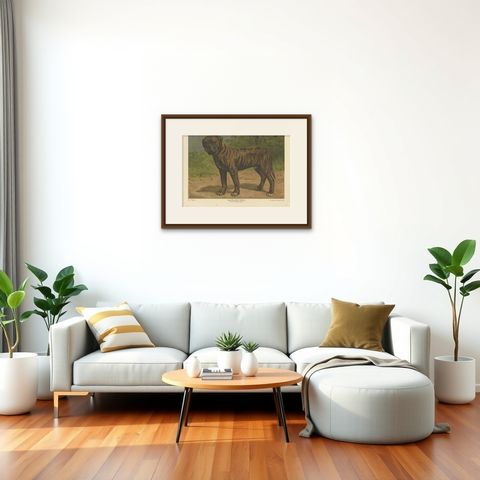 Antique Print of a Boxer Dog by Th. Breidwiser, 1879, shown framed in a room