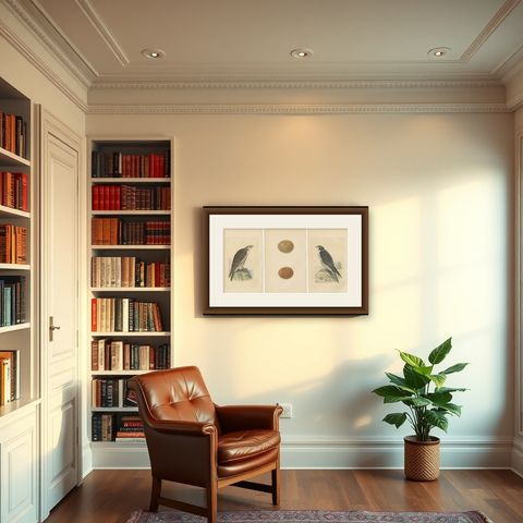 Set of 3 Antique Bird Prints of Two Falcons and Their Eggs, circa 1860, shown framed in a room