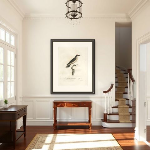 1807 Vermilion Flycatcher Handcolored Print- Antique Ornithological Illustration, shown framed in a room