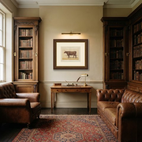 Devon Ox, British Cattle Chromolithograph by Olivier de Penne, 1863, shown framed in a room
