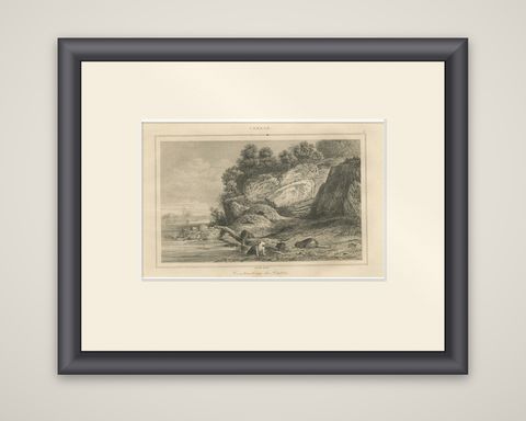 Beaver Dams on a Rocky Shore, 19th Century Canadian Wildlife Engraving, shown framed