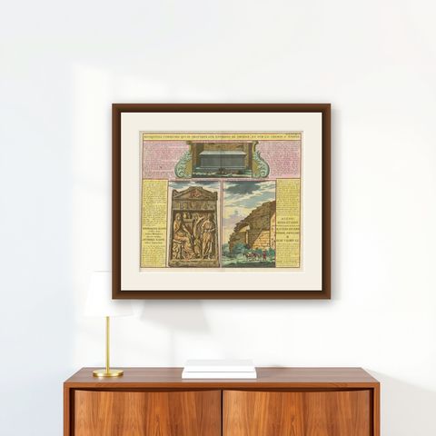 Antique Print showing Monuments in Ephesus, present-day Izmir province, Turkey, shown framed on a wall