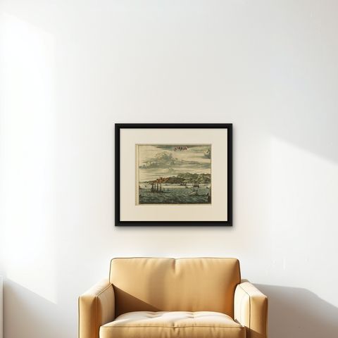 Antique Print of Sestos in Turkey with Ships , circa 1680, shown framed on a wall