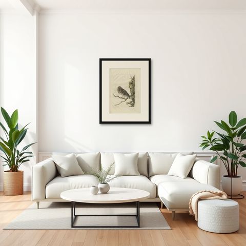 Little Owl, Hand-Colored Dutch Bird Print by Sepp & Nozeman, 1770, shown framed in a room