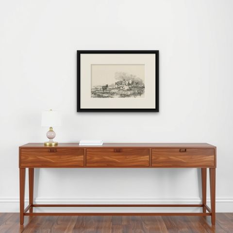 No. 29 Antique Print of Cattle and a Donkey by Cooper, 1839, shown framed on a wall