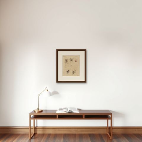 Whip Scorpion, Tarantula and Red Mite, Antique Bertuch Print, circa 1820, shown framed on a wall