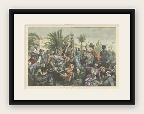Antique Print of 'The Battle of Flowers' at Cannes by Hopkins, '1889', shown framed
