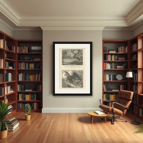 Antique Print of Egyptian Lotus and a Condor Bird, 1835, shown framed in a room