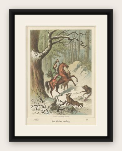 Antique Print of a Man on a Horse Chased by Wolves, shown framed