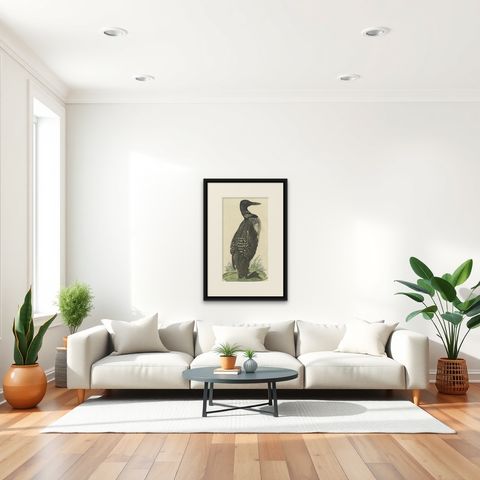 Antique Bird Print of the Common Loon by Sepp & Nozeman, 1829, shown framed in a room