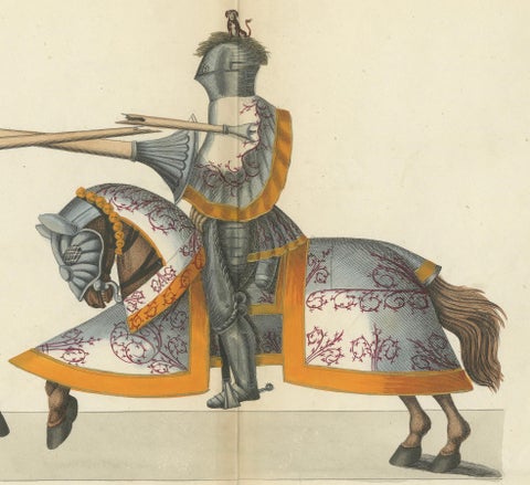 19th-Century Hand-Coloured Knightly Joust: Ornate Armor & Horses in Action, close-up 3