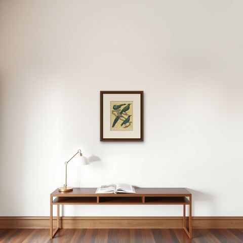 Antique Bird Print of the Emerald Starling, Chestnut-Tailed Starling and Others, shown framed on a wall