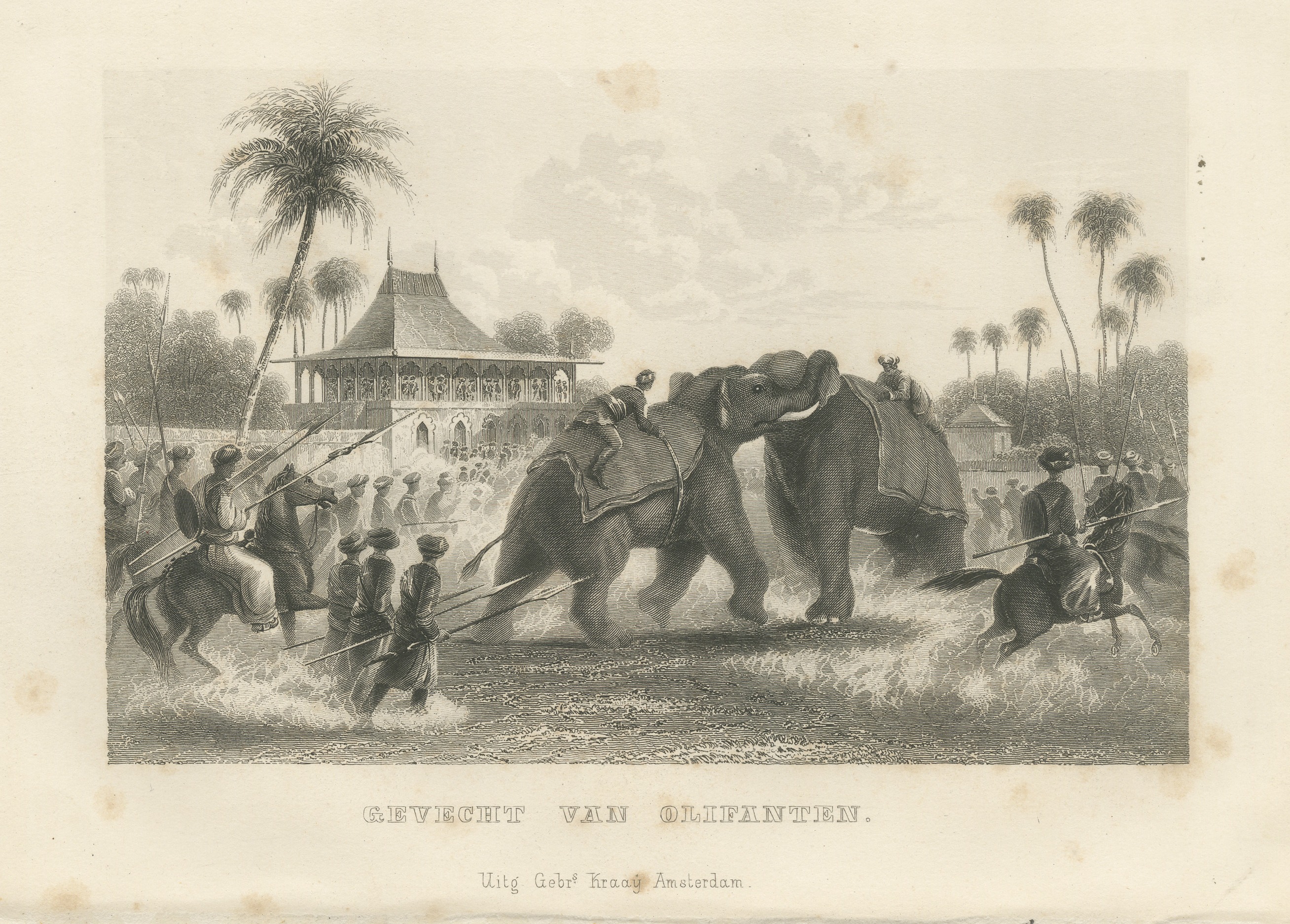 Elephant Fight in India, Spearmen and Horsemen, Antique Engraving, 1859