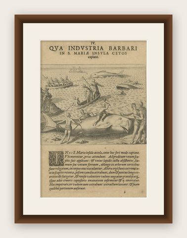 The Whale Harvest of St. Mary's Island - Copper Engraving by de Bry, 1601, shown framed