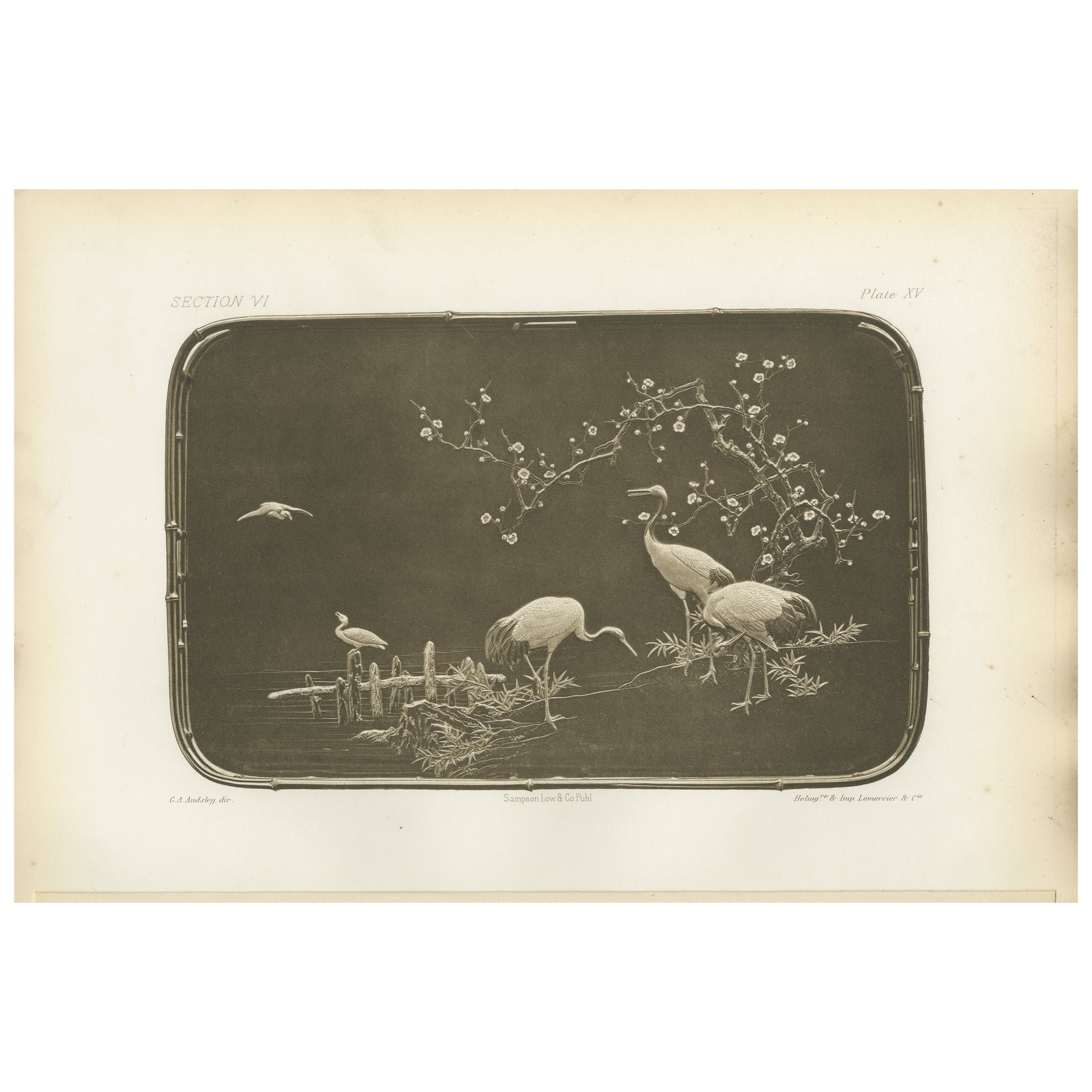 Cranes and Blossoms in a Japanese Ornamental Scene, Heliograph by Audsley 1884