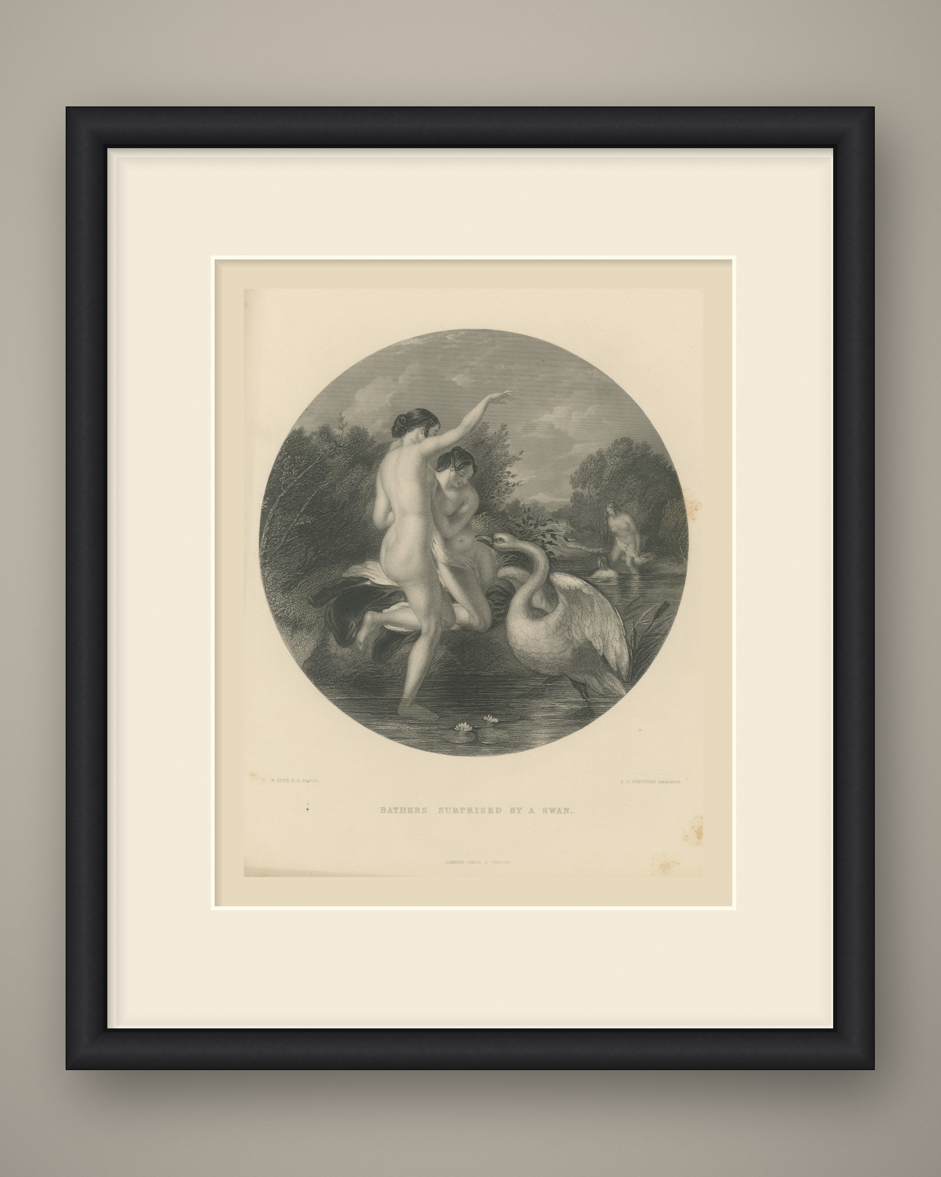 Bathers Surprised by a Swan after William Etty, Engraving by Portbury, c. 1860, shown framed