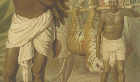 Large Antique Chromolithograph, India Tiger Hunt Scene, Leutemann, ca. 1890, close-up 1