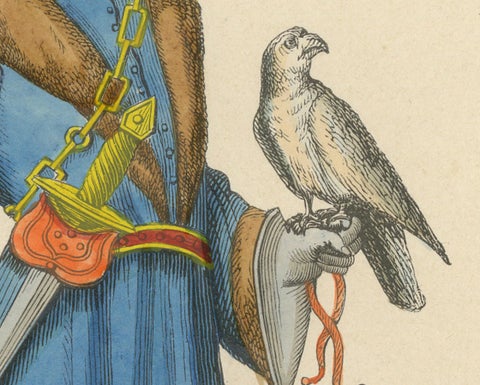 Original Hand-colored Lithograph of The Falconer: A Noble of Provence, 1845, close-up 3