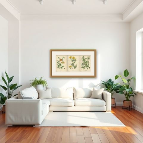 Antique Botanical Prints: Loasa Lateritia, Mentzelia Lindleyi & Passion-Flower, shown framed in a room