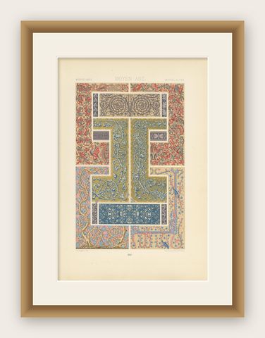 Pl. 57 Antique Print of Middle Ages Plant Motifs by Racinet, circa 1890, shown framed