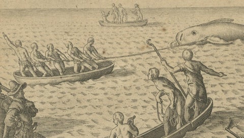 The Whale Harvest of St. Mary's Island - Copper Engraving by de Bry, 1601, close-up 3