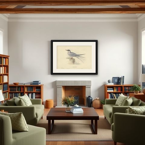 Antique Bird Print of the Arctic Tern by Gould, 1832, shown framed in a room