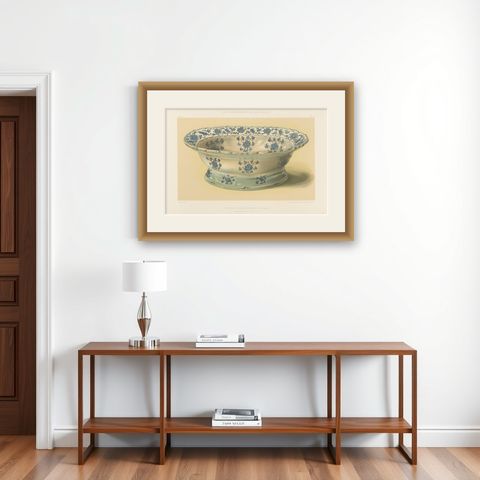 Persian Faience Bowl with Blue Floral Ornament, Julius Lessing, Berlin 1890, shown framed on a wall