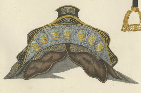 Hand-Coloured Lithograph of Ornate Medieval Horse Saddles and Stirrups, 1842, close-up 5