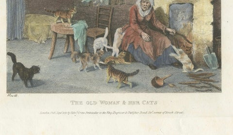 The Old Woman and Her Cats, 1809 Hand-Colored Etching by Edward Orme, close-up 2