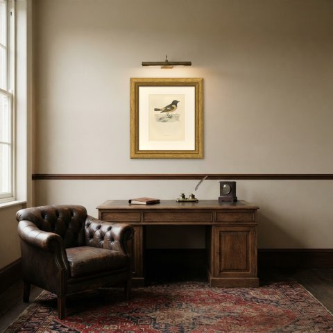 Stonechat on a Low Mound with Distant Trees, Antique Bird Print, Morris, 1896, shown framed in a room