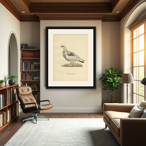 Antique Bird Print of the Rock Ptarmigan by Von Wright '1929', shown framed in a room