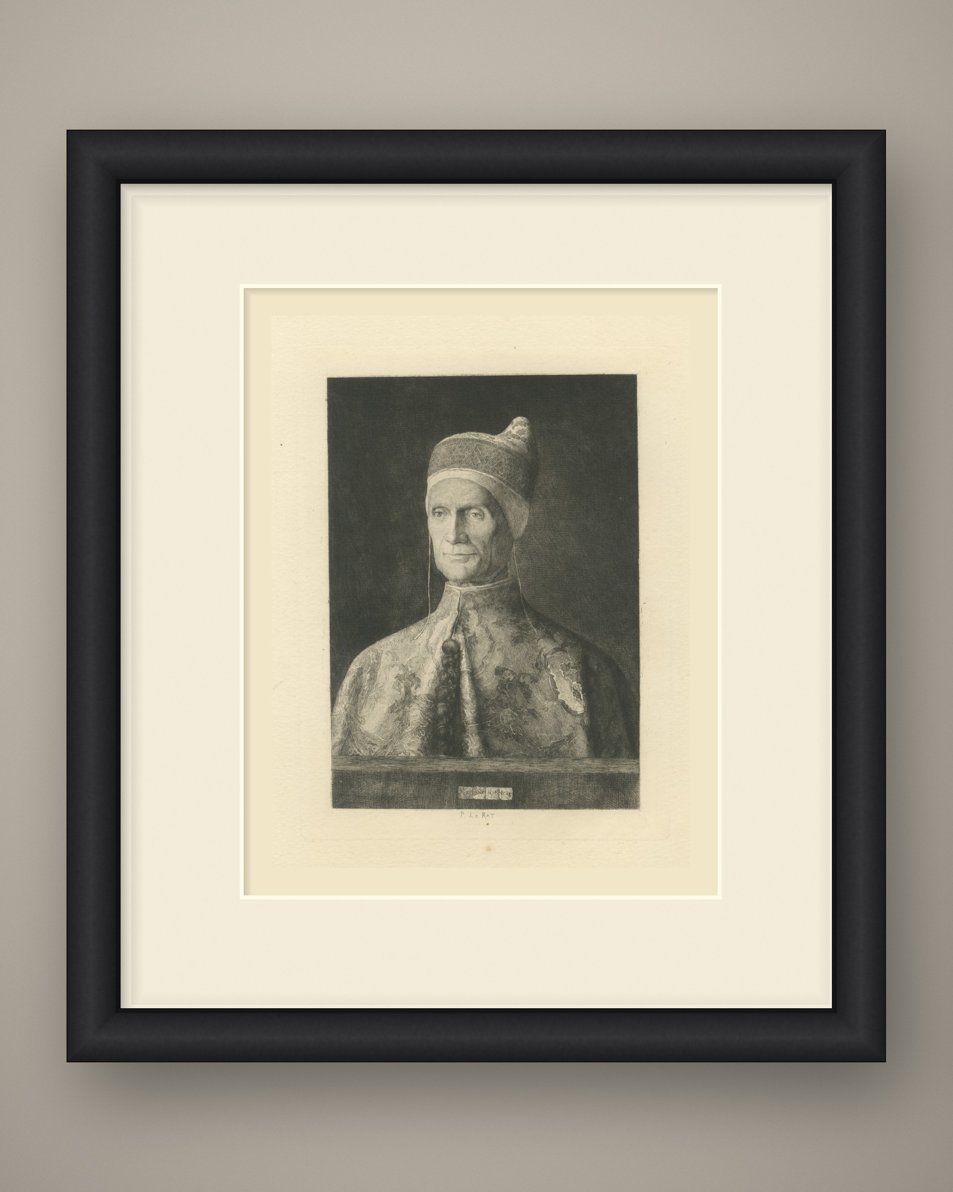 Doge Leonardo Loredan after Giovanni Bellini, Etching by Paul Le Rat, circa 1880, shown framed