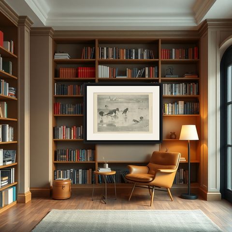 Antique Bird Print of Birds on the Seashore Made After A. Thorburn, 1896, shown framed in a room