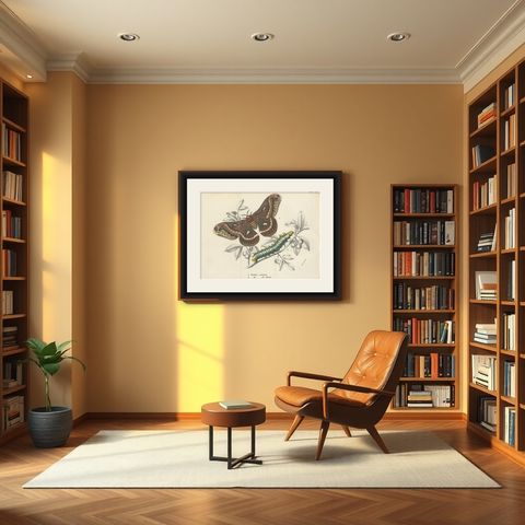 Antique Print of the Cecropia Moth by Lloyd 'circa 1897', shown framed in a room