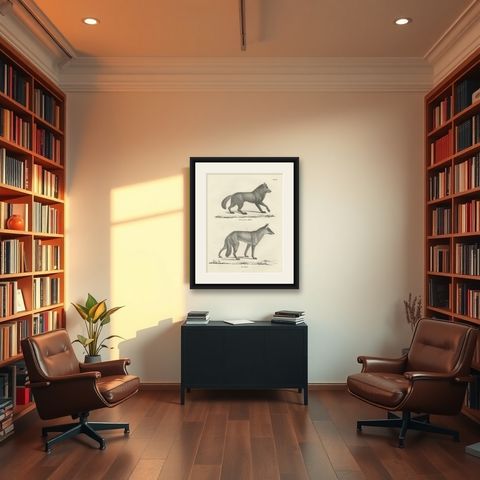 19th-Century Lithograph of the Black Wolf and Grey Wolf in Striking Detail, shown framed in a room