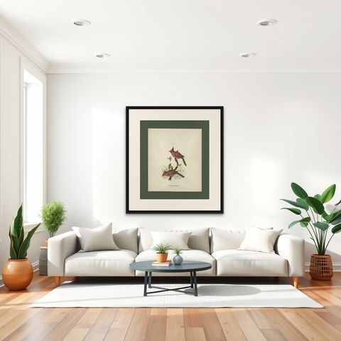 Antique Bird Print of Northern Cardinals Made After D.G. Elliot, 1869, shown framed in a room